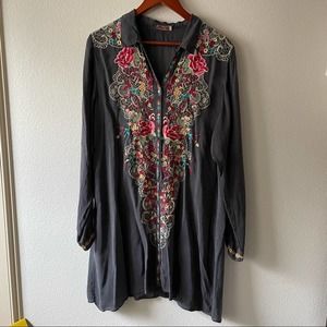 Johnny Was Gray Embroidered Button Down Dress
